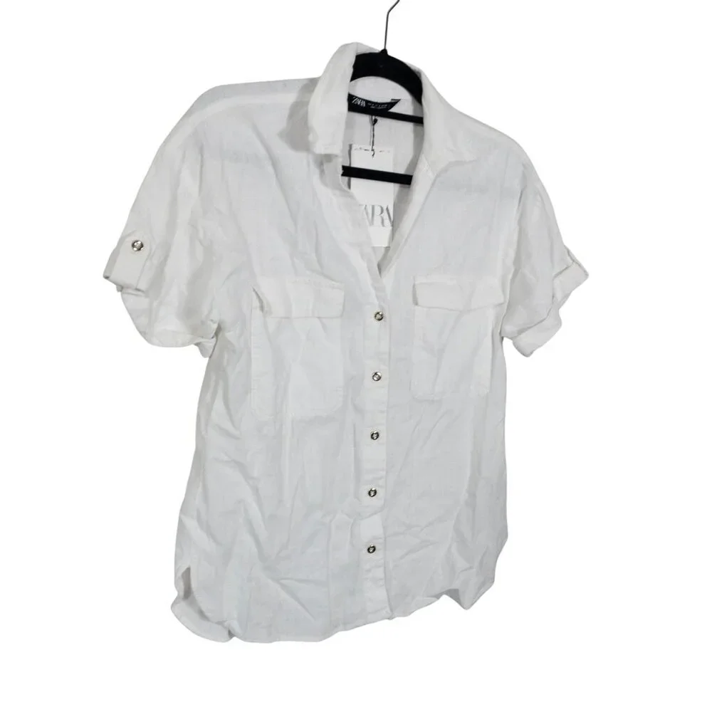 Zara White Button Down Short Sleeve Top SZ S Gold Buttons Front Pockets - Picture 4 of 11